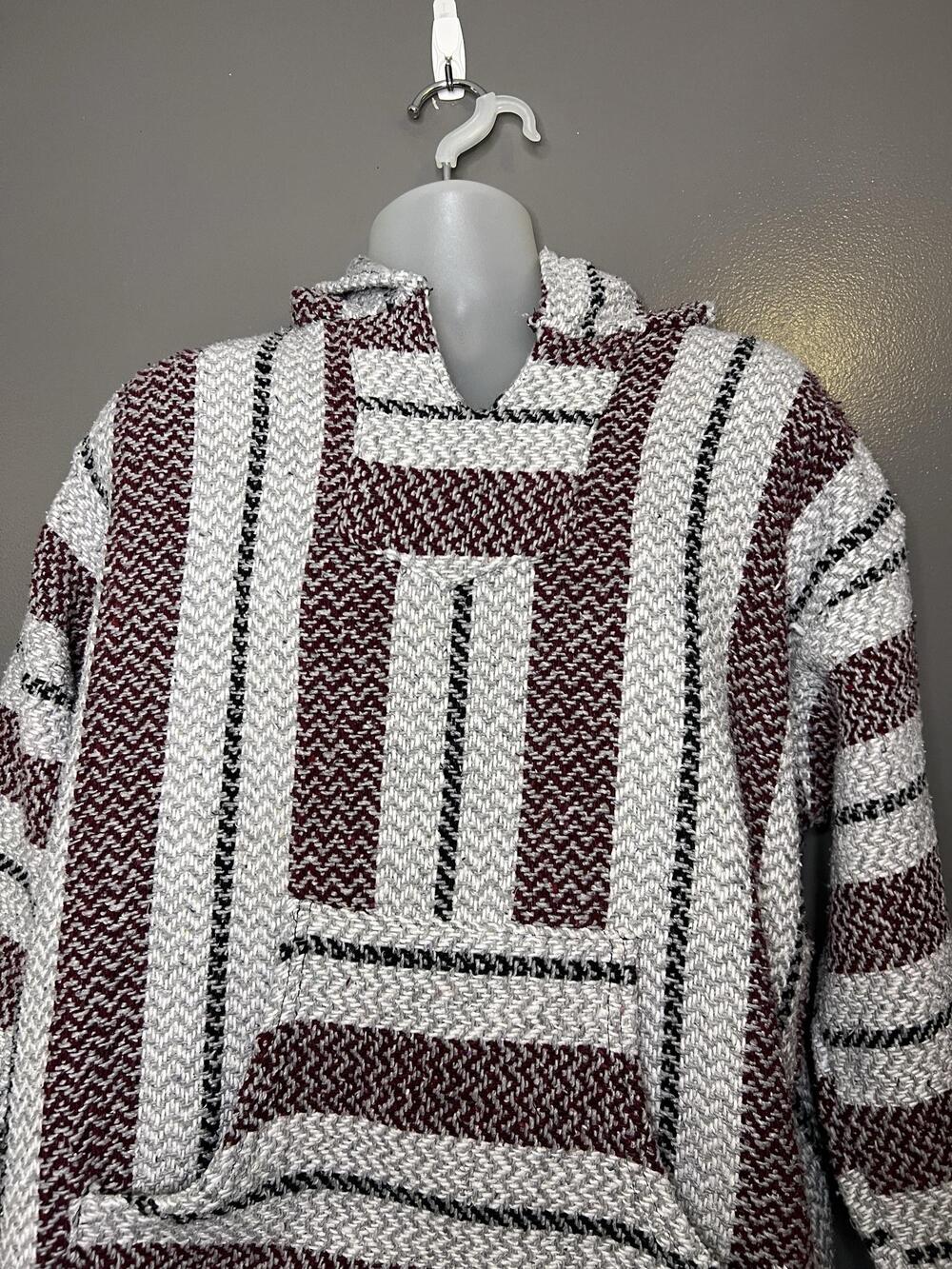 Baja Joe Hoodie Mens Large Burgundy Striped Baja Knit Pullover Kangaroo Pocket